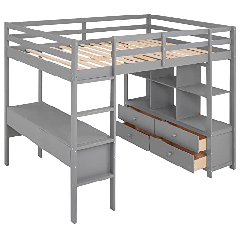 Harper & Bright Designs Full Size Grey Loft Bed with Desk, Storage Drawers, and Shelves Harper & Bright Designs