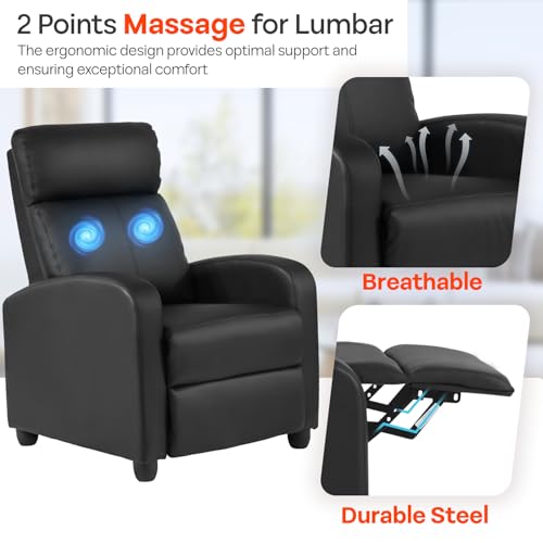 FDW Recliner Sofa Massage Chair Home Theater Seating with Lumbar Support and Padded Backrest for Living Room and Bedroom (Leather, Black) FDW