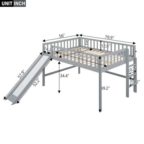 Merax Full Size Wood Low Loft Bed Frame with Slide for Kids Girls Boys,Full Length Guardrails, Gray Merax