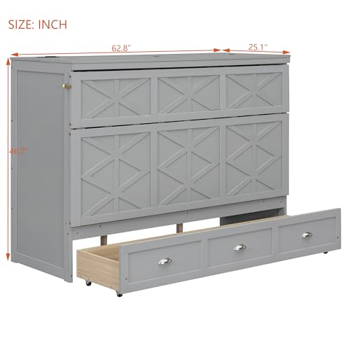 Virubi Queen Farmhouse Murphy Bed with Storage Drawer and Charging Station,Wood Folding Hidden Murphy Chest Bed Cabinet for Adults,Space Saving (Gray)