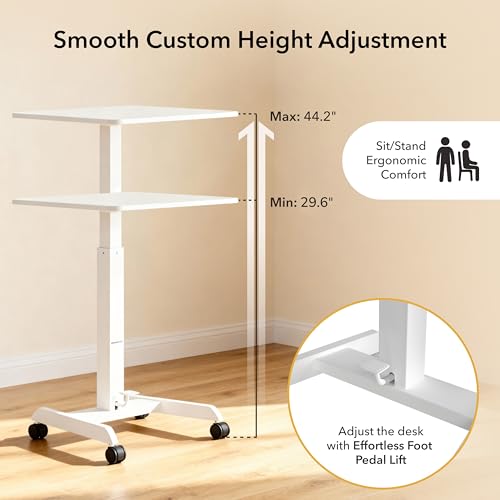 Mount-It! Adjustable Rolling Laptop Desk, Mobile Standing Desk with Wheels, Small Sit-Stand Computer Cart for Home, Office, or Classroom, 29.6–44.2" Height, 23.6"x20.5" Desktop, White Mount-It!