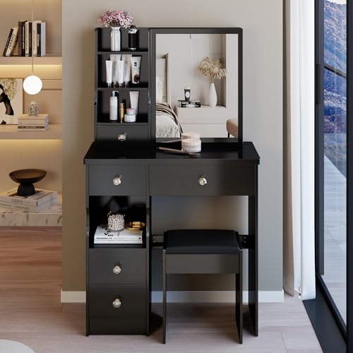 Montary 29.2" Small Size Vanity Desk with Drawers & Sliding Mirror, Cushioned Stool Included, Multi-Layer Storage, Hidden Compartments,Practical & Fashionable Dresser for Small Spaces,Black Montary