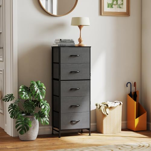 DUMOS Nightstand with 5 Drawers Bedside Table with Removable Fabric Bins Sturdy Steel Frame Wood Top Organizer Furniture for Bedroom Closet Living Room, Grey DUMOS