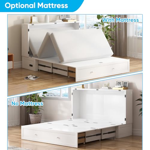 Mjkone Murphy Bed Cabinet with Built-in 3 Charging Station and 2 Storage Drawers, Solid Wood Cabinet Beds Queen Size with Mattress, Cube Chest Beds for Guest Room (White-Murphy Bed B)