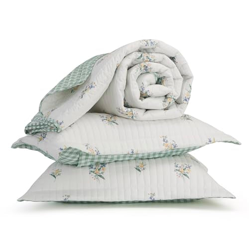 Bedsure Twin Quilt Dorm Bedding - Lightweight Floral Comforter Quilt Twin Extra Long, Green and White Plaid Botanical Bedspread, Reversible Microfiber Coverlet for All Seasons (68"x86") Bedsure
