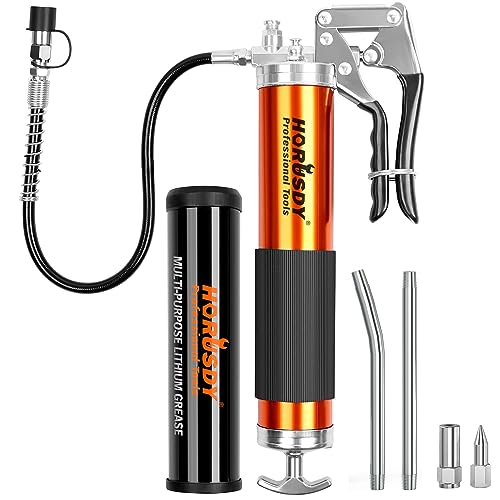 HORUSDY Heavy Duty Grease Gun with 14oz Grease Tubes | Grease Gun Flexible Hose | 7000 PSI | 18 Inch Spring Flex Hose | 2 Working Coupler | 2 Extension Rigid and 1 Sharp Type Nozzle Included HORUSDY