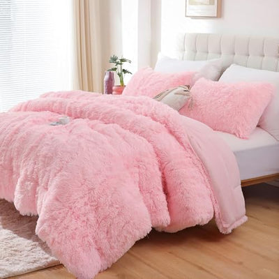 Smoofy Fluffy Full Size Comforter Set, Faux Fur Pink Comforter Set, Luxury Fuzzy Bedding Set, Soft Shaggy Full Bed Set for All Season, 3 Pieces - 1 Comforter & 2 Pillowcases