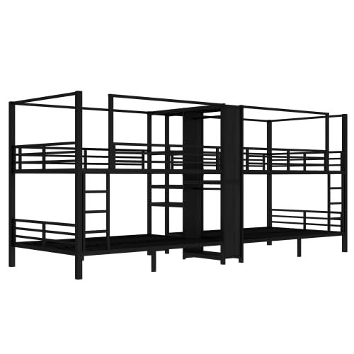 Full Size Quadruple Metal Bunk Bed with Wardrobe & Storage Shelves, Quadruple Metal Bunk Bed Frame with Noise-Reduced Design (Black/Full) MERITLINE