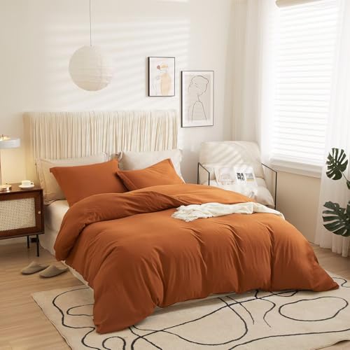 AZMTOP Washed Duvet Cover 3 Pcs(1 Duvet Cover with 2 Pillowcases) Full Size,All Season Use Soft Breathable Comforter Covers Simple Solid Style,Kid Adult Bedding Set Terrocotta 80"X90" AMZTOP