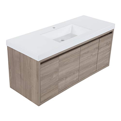 Spring Mill Cabinets Kelby 48 Inch Modern Floating Bathroom Vanity with White Single Sink Top, 2-Door Cabinet, 2 Soft-Close Drawers, 48.5" W x 18.75" D x 22.25" H, Forest Elm Spring Mill Cabinets