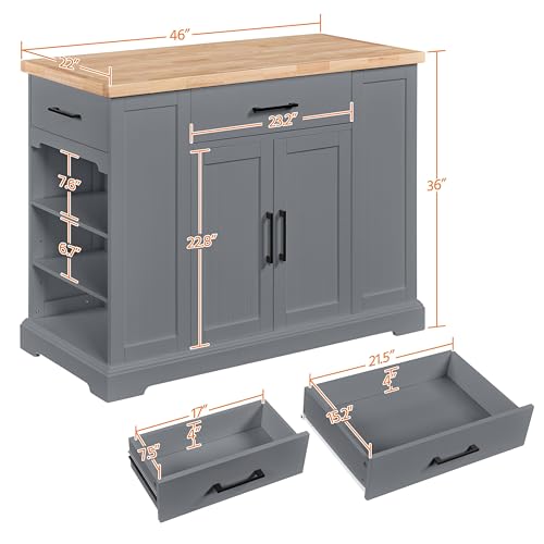 Yaheetech Rolling Kitchen Island with Thicker Rubberwood Countertop, Kitchen Cart on Hidden Wheels with 3 Drawers & Open Shelves, Storage Cabinet w/Inner Adjustable Shelves for Dining Room, Dark Gray Yaheetech