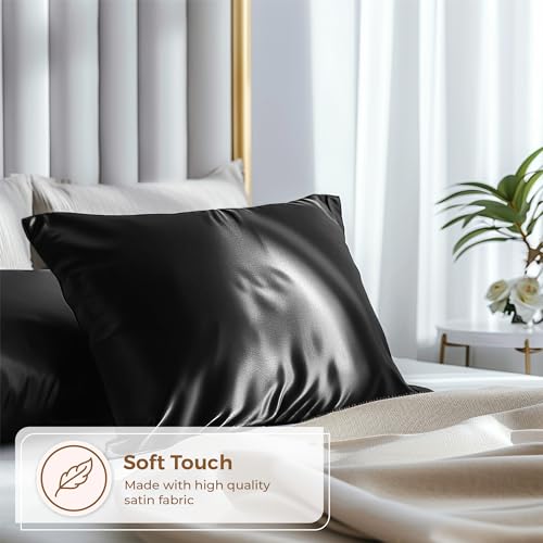 Pure Bedding Satin Pillowcase 2 Pack - Queen Size (20"x30", Black) - Silky Pillow Cases for Hair and Skin - Satin Pillow Covers with Envelope Closure - Extra Soft Premium Microfiber Pure Bedding