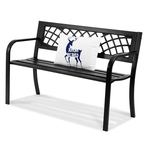 VEVOR Outdoor Bench, 46" Iron Steel Frame Garden Park Bench with Mesh Pattern and Plastic Backrest Armrests, Patio Bench for Garden, Park, Yard, Front Porch VEVOR