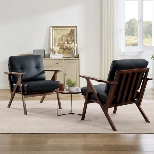 STHOUYN Black Leather Office Accent Chair Set of 2, Office Lounge Chair with Wooden Arms, Mid Century Modern Chair, Side Arm Chairs for Living Room, Comfy Guest Waiting Room Chairs (2, Black) STHOUYN