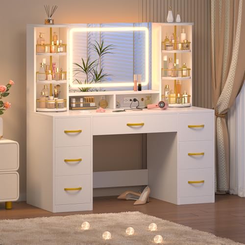 Vanity Desk with Mirror and Lights, White Makeup Vanity Table with 360° Roating Shelves, Large Vanity Desk with 7 Drawers, Power Outlet, Dressing Table Set with Lighted Mirror Adjustable, for Bedroom Aiguazi