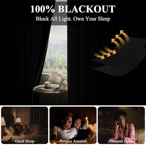 RYB HOME 100% Blackout Room Divider Curtain, Thermal Insulated&Privacy Assurd Extra Wide Curtain for Bedroom/Sliding Door, Back Tab&Rod Pocket Drape with Hooks for Ceiling, W100xL84, Black, 1 Panel RYB HOME