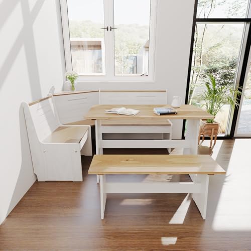 Gracava Breakfast Nook Table Set for Kitchen - White Bench Seating for Dining Room with Space Saving Solid Wood L Shaped Corner Dining Table Set Apartment for 4 to 6 People Gracava