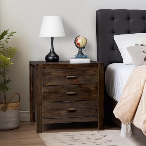 Karl home Farmhouse Nightstand with Charging Station, Solid Pine Wood 3 Drawer Night Stands for Bedroom, Bedside Table with 2 USB Ports & 2 AC Outlets, Vintage End Tables, Brown Karl home