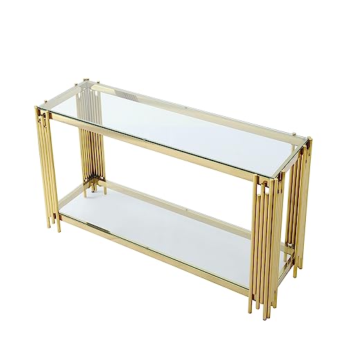 SSLine Modern Luxury Console Table Rectangular Glass Accent Entryway Table for Hallway Living Room, 2-Tier Storage, Gold Pipe Stainless Steel Frame Design SSLine