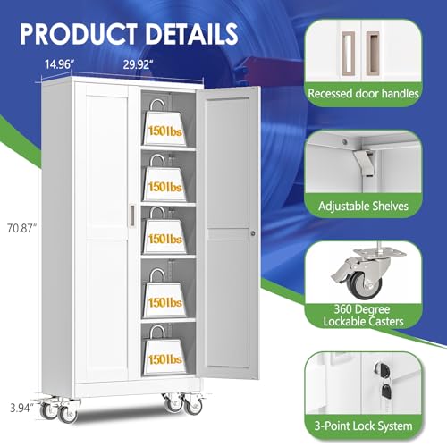 AUEYTVR 71" Tall Metal Garage Storage Cabinet with Wheels and Locking Doors and Tall Rolling Steel Tool Cabinet with 4 Adjustable Shelves for Garage,Home,Office,Shop (White) AUEYTVR
