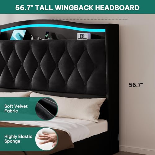 DWVO King Size Bed Frame with 4 Storage Drawers and RGB LED Lights, 57'' Tall Headboard Velvet Upholstered Bed with Charging Station, No Box Spring Needed, Easy Assembly, Noise-Free, Black DWVO