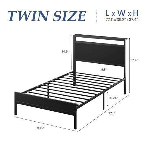 Fluest Twin Bed Frame with Headboard & Footboard, Twin Bed Frame with Charging Station & LED Light, Under-Bed-Storage, No Box Spring Needed, Noise Free, Easy Assembly, Classic Black Fluest