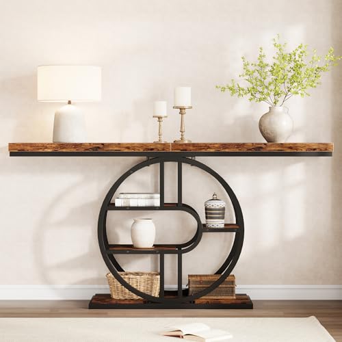 55" Industrial Narrow Entryway Table with 5-Tier Storage - Heavy-Duty o-Shaped Metal Frame Console Table for Hallway, Living Room & Couch Behind, Space-Saving Long Entrance Table for Small Spaces IDEALHOUSE