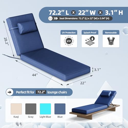 Mvpipi Outdoor Chaise Lounge Cushions Set of 4, 72.2 x 22 x 3.1 Inch Patio Lounge Chair Cushion with Splash-Proof Cover, Thick Pool Lounge Chair Cushions for Deck & Lawn,Grey