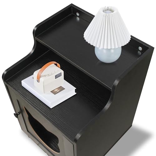 DOUSY- Small Wooden Cat Litter Box Enclosure, Hidden Litter Box Furniture Enclosed Cat Washroom Storage Cabinet, Side Table, Nightstand, Indoor Pet House 15.8 x 15.8 x 24 Inches, Black DOUSY