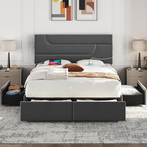 Yaheetech Dark Gray Upholstered Queen Bed Frame with USB Charging and 4 Storage Drawers Yaheetech