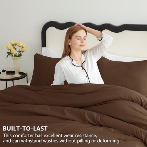 CozyLux Queen Comforter Set Brown, 3 Pieces Solid Breathable Quilted Style Bedding Sets, Luxury Fluffy Soft Bed Set with Down Alternative Comforter for All Season (1 Comforter & 2 Pillowcases) CozyLux