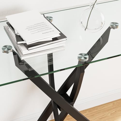 NIERN Tempered Glass Console Table with Metal Legs, Modern Narrow Sofa Table for Hallway Entryway (Black, 39"x18"x30") NIERN