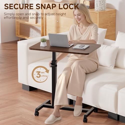 GTPLAYER Small Standing Desk, 24 Inches Mobile Foldable Rolling Laptop PC Table with Lockable Casters, Adjustable Height Overbed Bedside Table Computer Workstation for Home Office, Walnut GTPLAYER