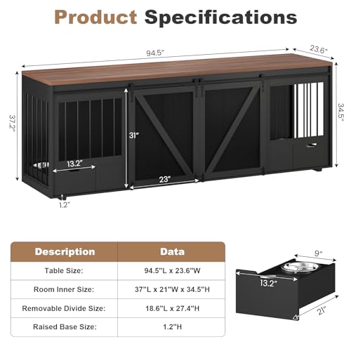 Large Dog Crate Furniture for 2 Dogs, 94.5" L Double Dog Kennel Furniture with Sliding Barn Door & Removable Bowl Drawers and Room Divide for Large & Medium Breeds MOWPEX