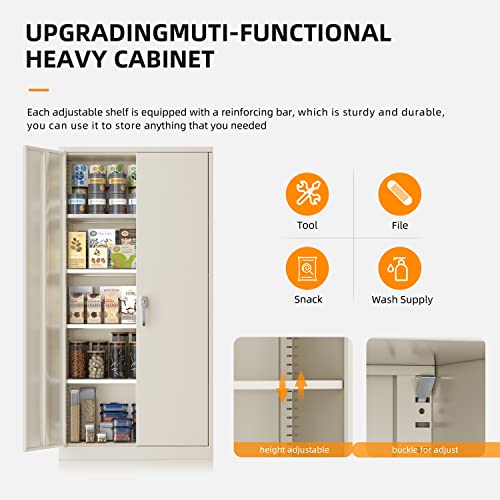 INTERGREAT Tall Metal Storage Cabinet Locking Steel with 4 Adjustable Shelves,72" Lockable Cabinets Lock 2 Doors for Office Garage Supply Home (Cream Gray) INTERGREAT