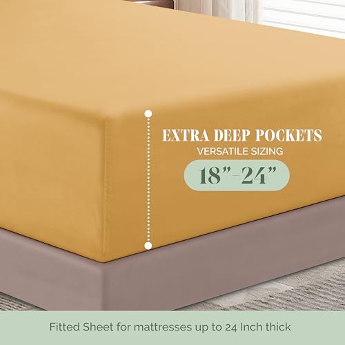 Elegant Comfort 1500 Premium Quality 6-Piece Bed Sheet Set - 18-24 Inch Extra Deep Pocket, Smart Storage Pockets, Wrinkle Free Ultra Soft 6PC Extra Deep Pocket Sheets, Queen, Gold Elegant Comfort