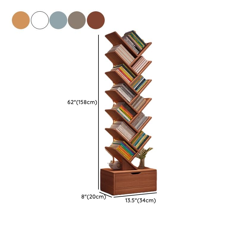 CraftThink Tree Bookshelf, 12 Tier Bookcase with Storage Cabinet, Floor Standing Book Shelf Tall Bookshelves for Home Office Furniture -Grey |Drawer|, 13.5" L x 8" W x 62" H (Lighting Not Included) CraftThink