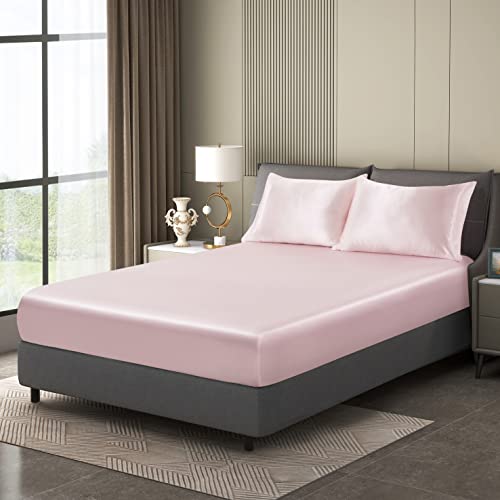 Counfeisly 3 Pieces Satin Full Fitted Sheet & Pillowcase Set, Luxury Silky Soft Satin Bed Sheets with 1 Deep Pocket Fitted Sheet - 16" Deep Pocket Sheets, 2 Pillowcases, Blush Pink Counfeisly