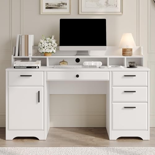 MaverickFurni Executive Desk with Hutch, 58 Inch White Computer Desk with 5 Drawers, Home Office Desk with Storage, Rustic Desk with Adjustable Shelves and Storage Cabinet for Bedroom MaverickFurni