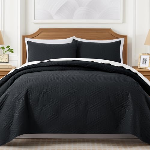 Lavsiry Black Quilt Queen Size with Striped Pattern, Lightweight Soft Summer Thin Microfiber Bedspread & Coverlet Bedding Set for All Seasons - 3 Piece(1 Quilt, 2 Pillow Shams) Lavsiry