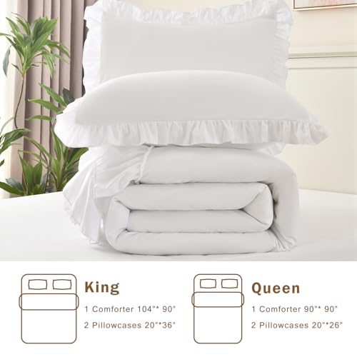 Cupocupa White Queen Comforter Set, 3Pcs Ruffle Comforters Queen/Full Size Farmhouse Bedding Sets with Comforter, Lightweight Fluffy Soft Shabby Chic Bedding Comforter Sets Cupocupa