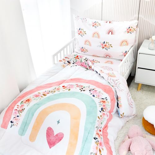 Toddler Bedding Sets for Girls, Rainbow Toddler Crib Bedding Set 4 Piece Pink Floral Toddler Comforter Set Includes Flat Top Sheet, Fitted Sheet, Comforter, Envelope Pillowcase, Soft & Comfort Pea Pod