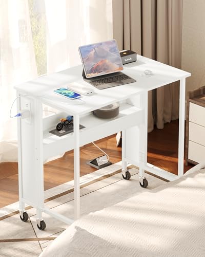 CHOEZON 31.5" Modern White Folding Computer Desk with Power Outlets, Wheels, Storage, Perfect for Small Spaces White TDN01UWB