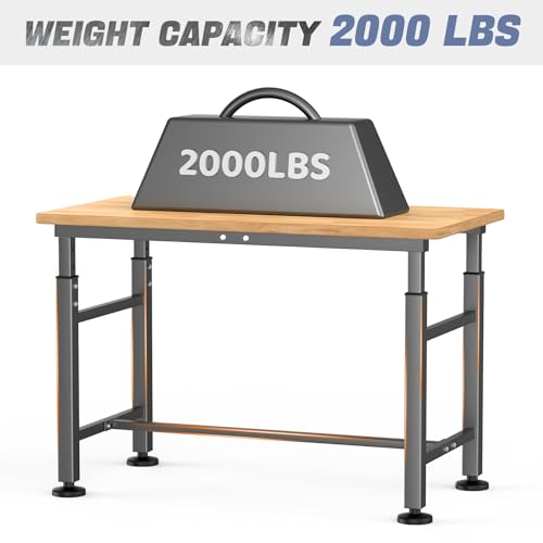 WALMANN Heavy Duty Adjustable Height Workbench 47.75" x 23.25", Rubber Wood Top Work Table for Garage, Workshop, 2000 lbs Load Capacity WALMANN