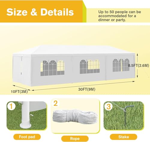 Devoko 10'x30' Heavy Duty White Party Tent - Waterproof Outdoor Wedding Canopy for Backyard, Patio & Events Devoko