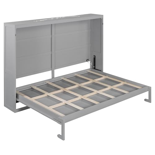 FUvellamo Queen Size Murphy Bed with LED Lights, Wood Space-Saving Hidden Folding Bed Chest, Wall Bed Frame for Small Space, Gray FUvellamo