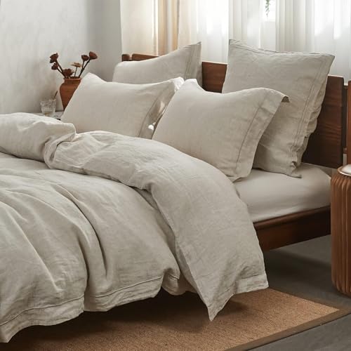 Simple&Opulence 100% Linen Duvet Cover Set with Embroidery Border Washed - 3 Pieces (1 Duvet Cover with 2 Pillow Shams) with Button Closure Soft Breathable Farmhouse - Linen, Queen Size Simple&Opulence