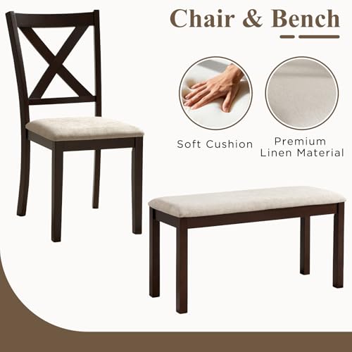 LUXOAK 6-Piece Solid Wood Dining Table Set, Upholstered Chair w/Bench Seat, Seating for 6, 60'' Farmhouse Wood Kitchen Chairs Set for Living Room, Dining Room, Brown & Black Finish LUXOAK