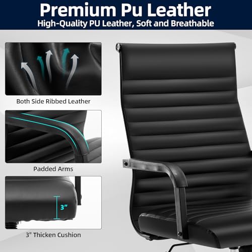 Haranuo Office Chair, Ergonomic Executive Conference Room Chairs, Ribbed Leather Desk Chair with Lumbar Support, Adjustable Height Mid-Back Swivel Chair with Padded Seat and Square Tube Armrests Haranuo