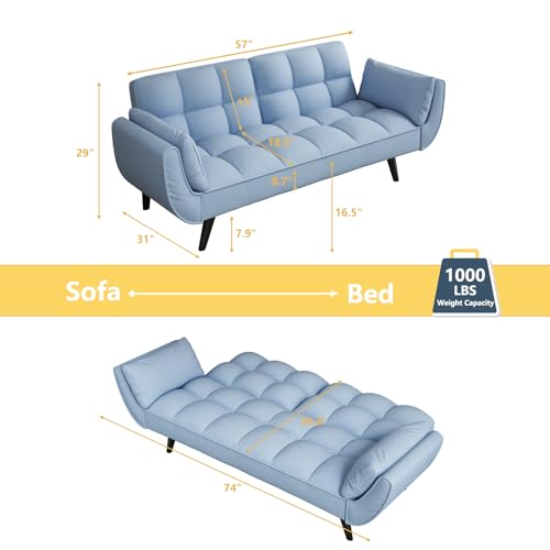 Majnesvon Velvet Futon Sofa Couch Bed with 2 Pillows, Convertible Folding Futon Couch with Adjustable Backrest, Love Seat Sleeper Sofa Bed for Small Spaces, Living Room, Office, Apartment (Blue) Majnesvon